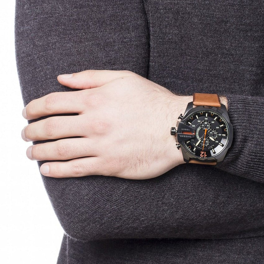 Diesel DZ4343 Mega Chief Chronograph Men's Watch – Black Dial & Brown Leather Strap