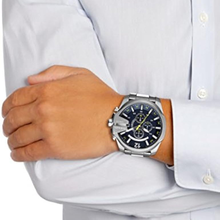 Diesel DZ4465 Mega Chief Chronograph Men's Watch – Blue Dial & Silver Stainless Steel Strap