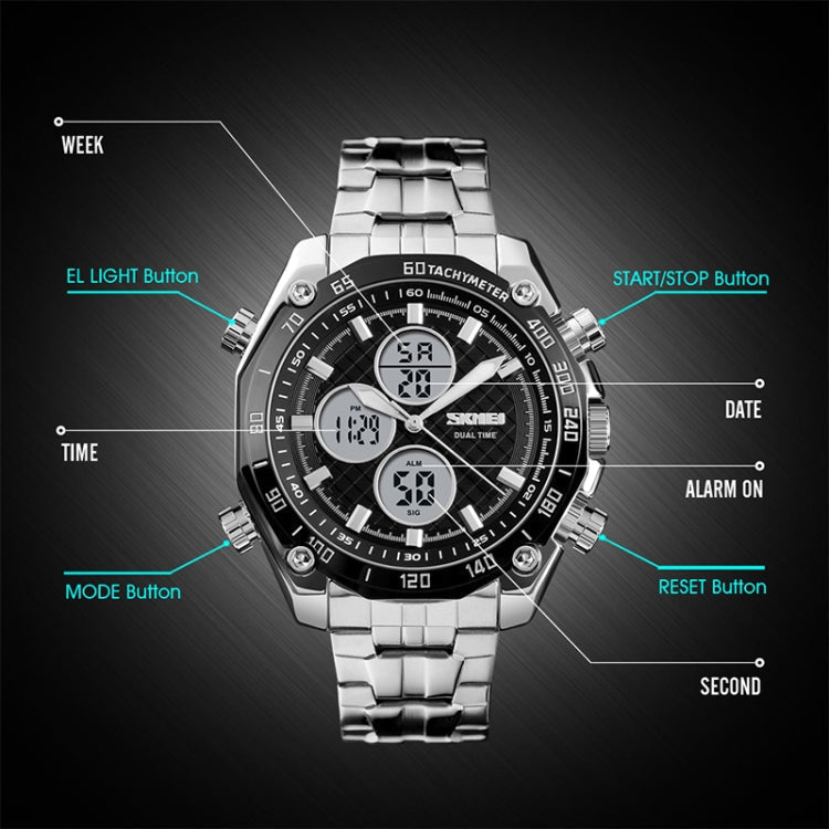skmei-1302-fashion-men-leisure-wrist-watch-multifunctional-dual-time-sports-digital-watch-with-stainless-steel-watchband-30m-waterproof-silver-black
