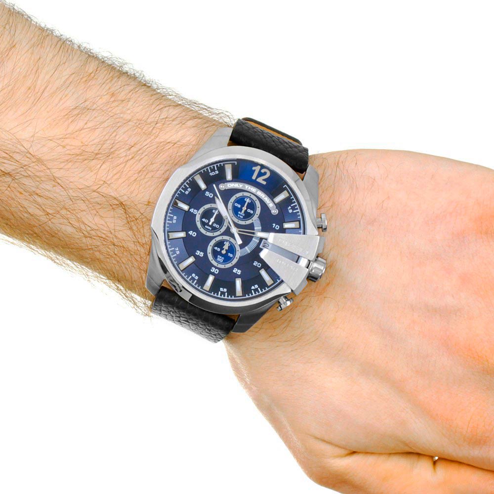 Diesel DZ4423 Mega Chief Chronograph Men's Watch – Blue Dial & Black Leather Strap